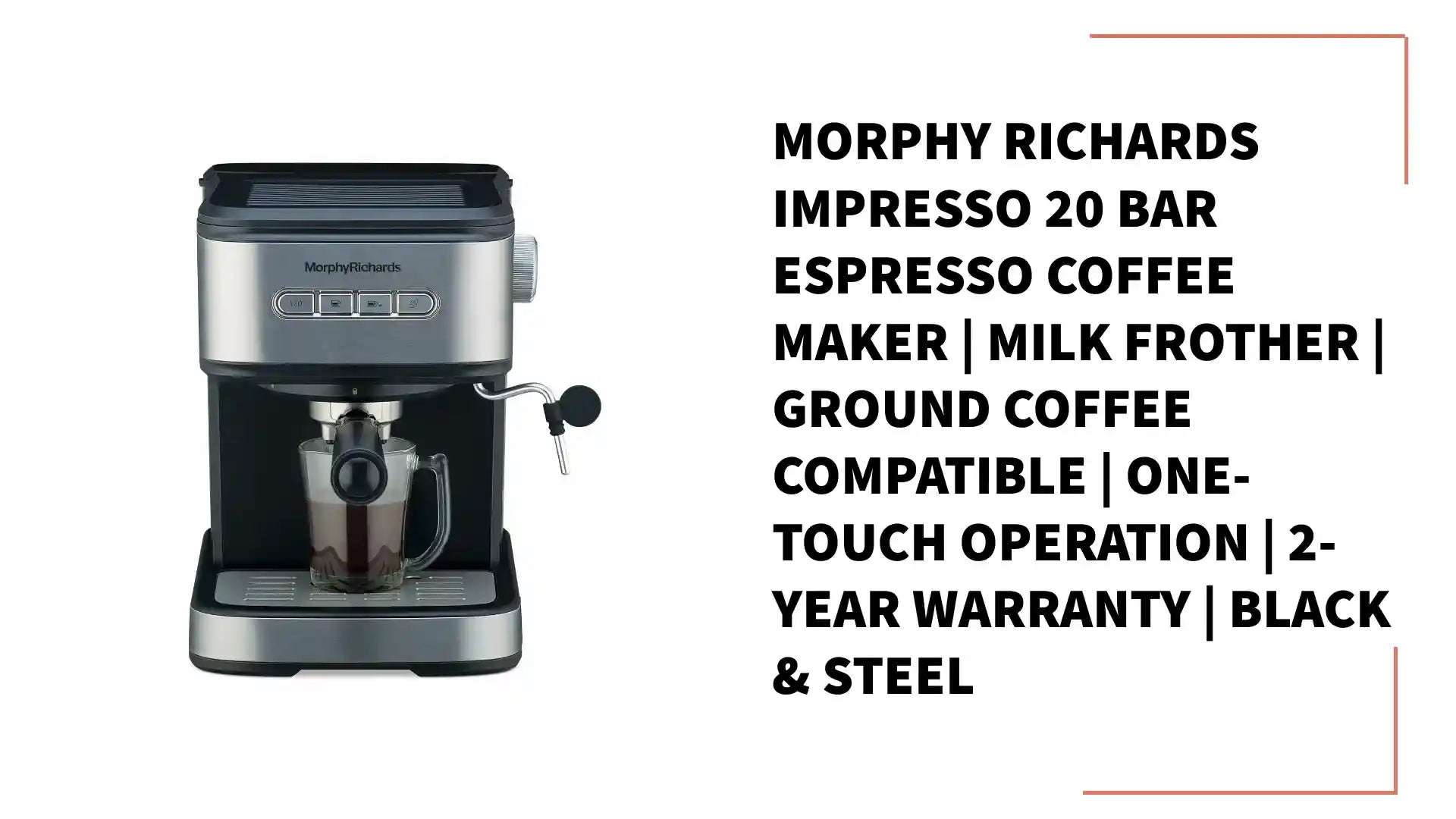 Morphy Richards Impresso 20 Bar Espresso Coffee Maker | Milk Frother | Ground Coffee Compatible | One-Touch Operation | 2-Year Warranty | Black & Steel by@Outfy