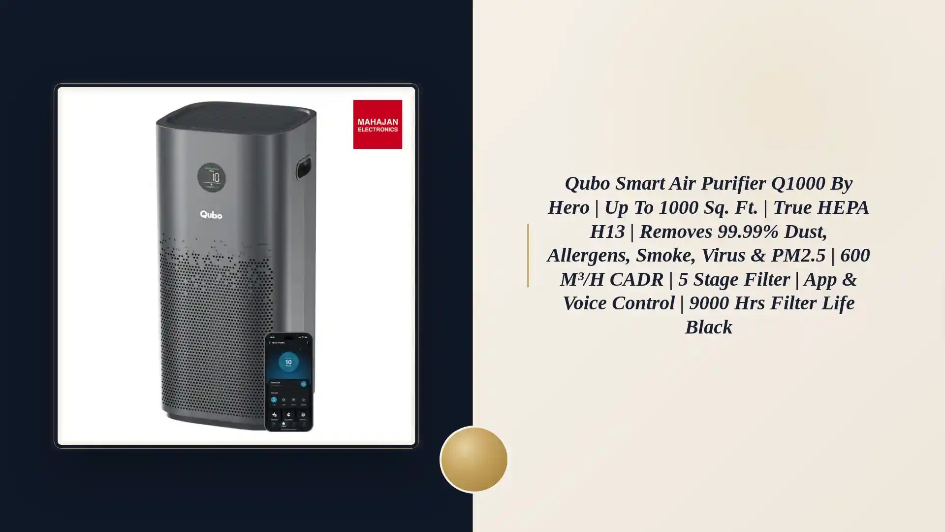 Qubo Smart Air Purifier Q1000 by Hero | Up to 1000 Sq. Ft. | True HEPA H13 | Removes 99.99% Dust, Allergens, Smoke, Virus & PM2.5 | 600 m³/h CADR | 5 Stage Filter | App & Voice Control | 9000 Hrs Filter Life Black by@Outfy