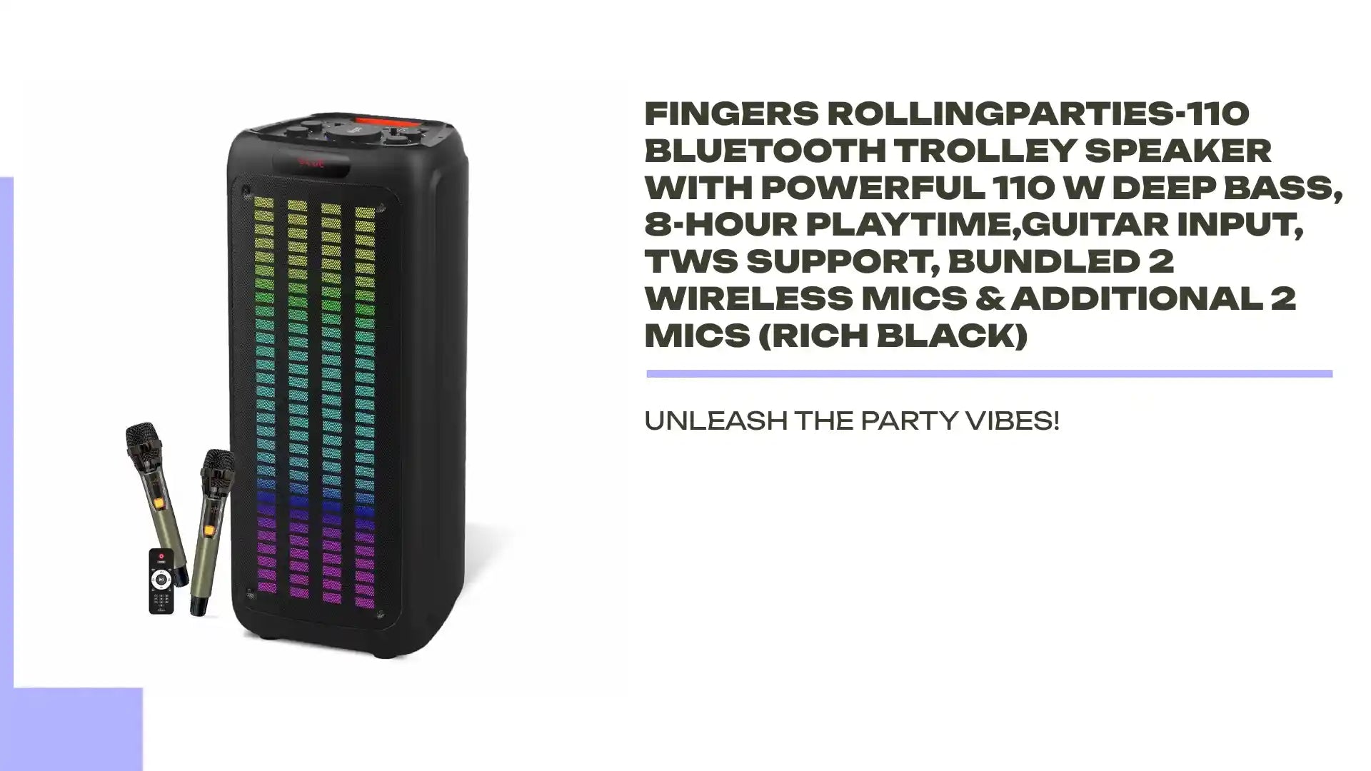 FINGERS RollingParties-110 Bluetooth Trolley Speaker with Powerful 110 W Deep Bass, 8-Hour Playtime,Guitar Input, TWS Support, Bundled 2 Wireless Mics & Additional 2 Mics (Rich Black) by@Outfy