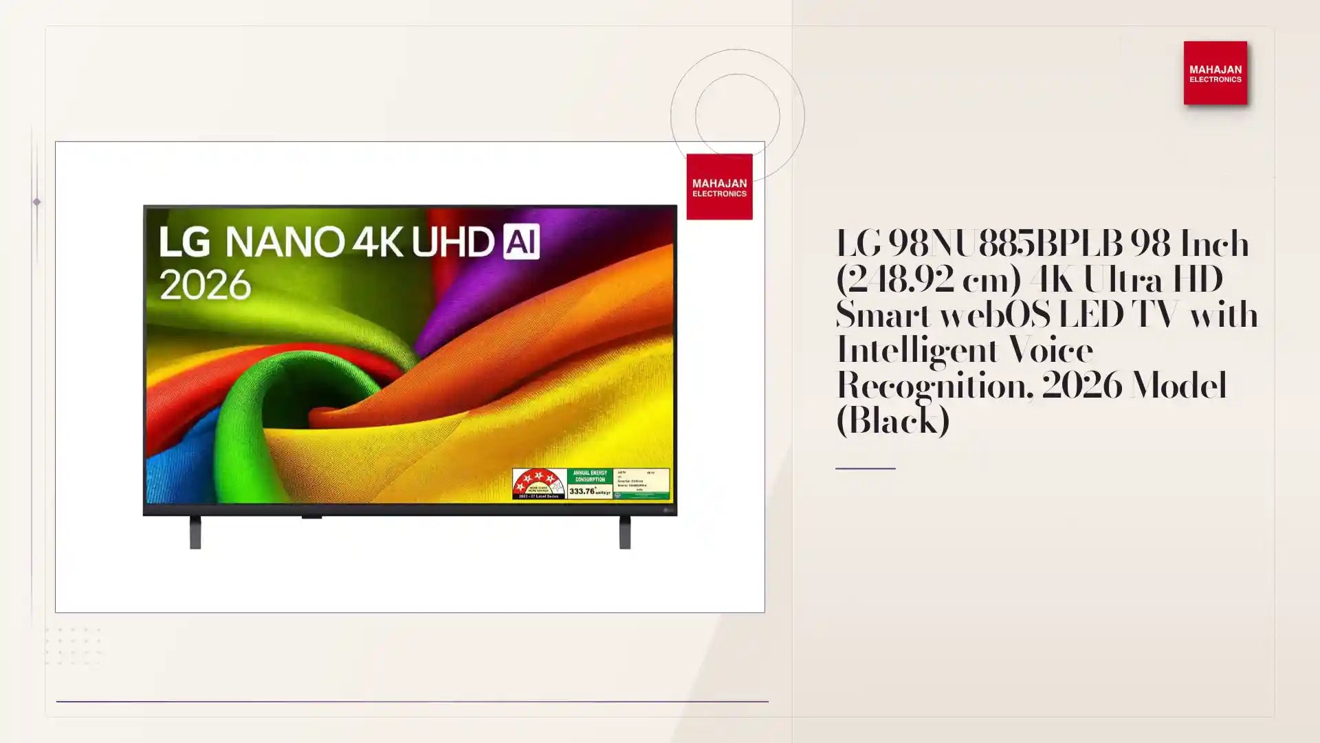 LG 98NU885BPLB 98 Inch (248.92 cm) 4K Ultra HD Smart webOS LED TV with Intelligent Voice Recognition, 2026 Model (Black) by@Outfy