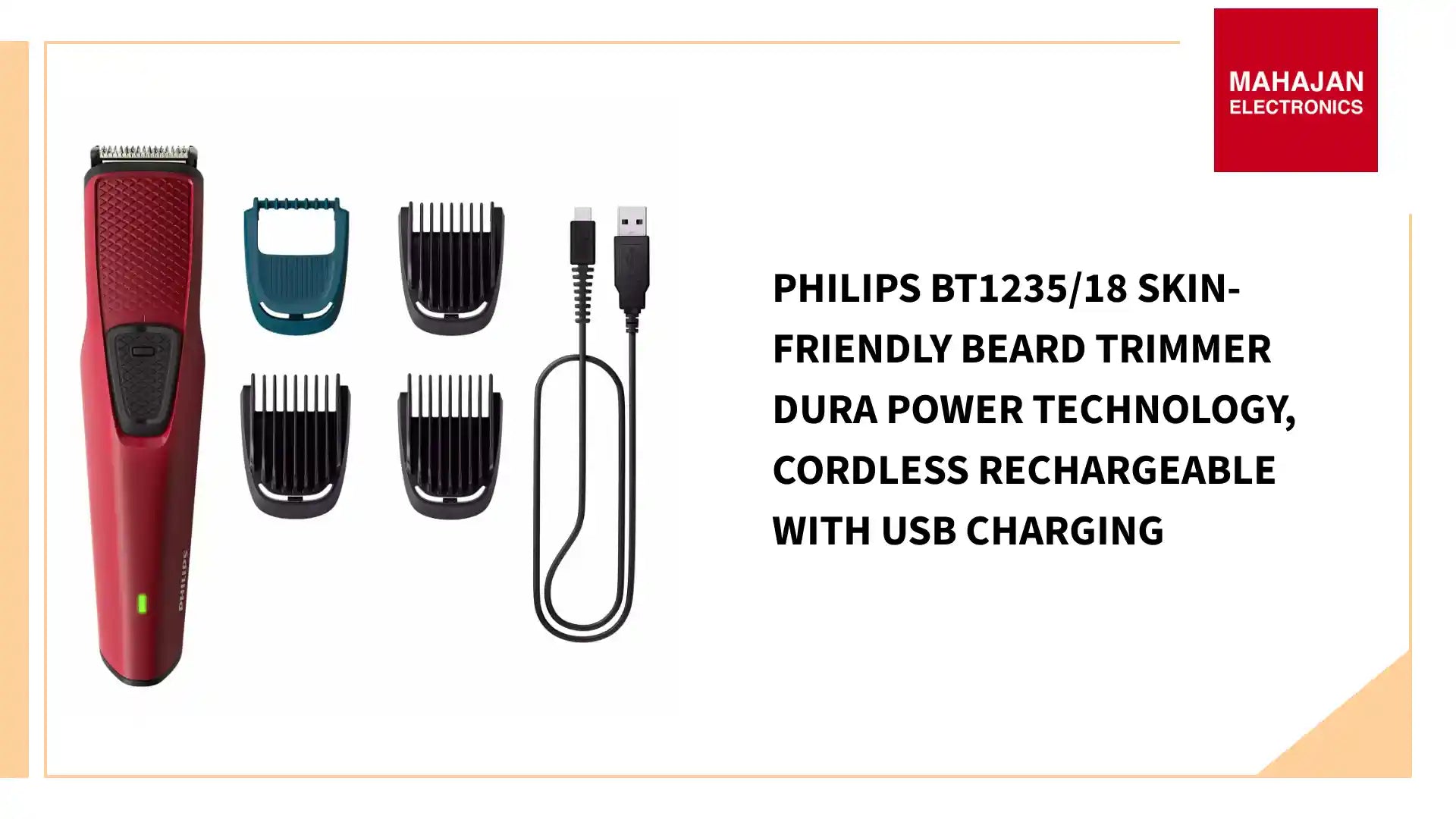 Philips BT1235/18 Skin-friendly Beard trimmer Dura Power Technology, Cordless Rechargeable with USB Charging by@Outfy