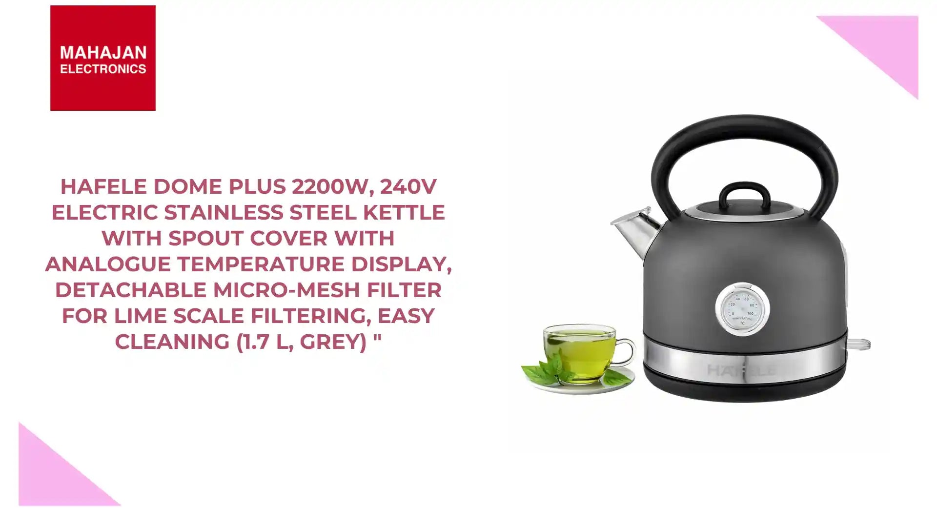 Hafele Dome Plus 2200W, 240V Electric Stainless Steel Kettle with Spout Cover with Analogue Temperature Display, Detachable Micro-Mesh Filter for Lime Scale Filtering, Easy Cleaning (1.7 L, Grey) " by@Outfy