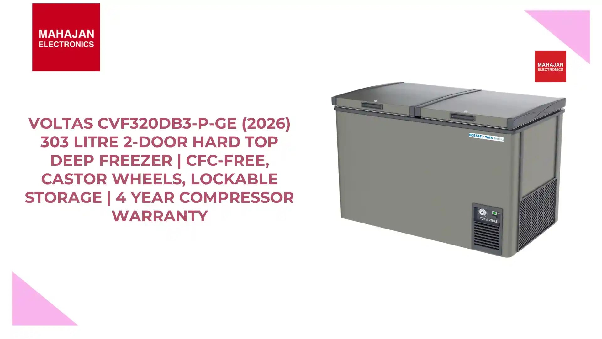 Voltas CVF320DB3-P-GE (2026) 303 Litre 2-Door Hard Top Deep Freezer | CFC-Free, Castor Wheels, Lockable Storage | 4 Year Compressor Warranty by@Outfy