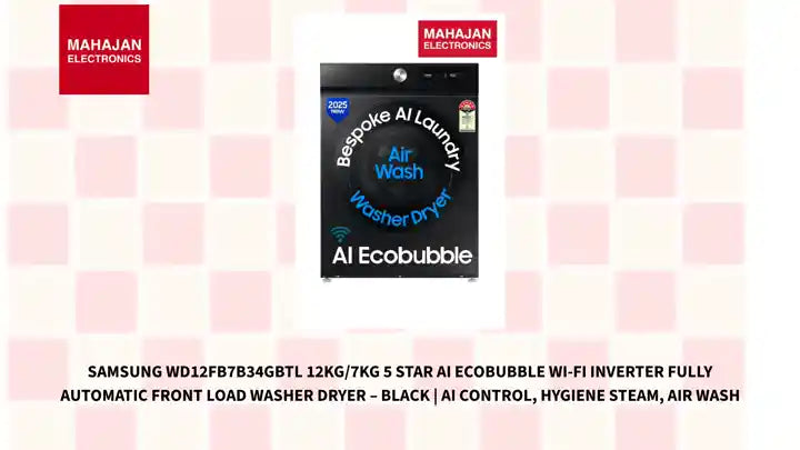 Samsung WD12FB7B34GBTL 12kg/7kg 5 Star AI EcoBubble Wi-Fi Inverter Fully Automatic Front Load Washer Dryer – Black | AI Control, Hygiene Steam, Air Wash by@Outfy