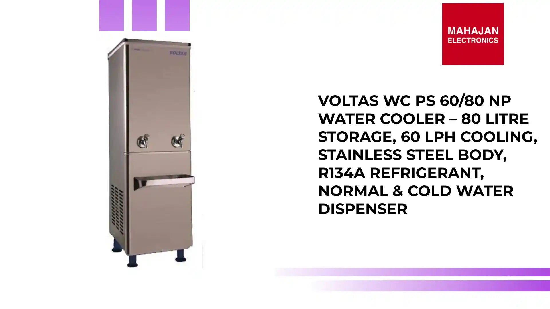 Voltas WC PS 60/80 NP Water Cooler – 80 Litre Storage, 60 LPH Cooling, Stainless Steel Body, R134A Refrigerant, Normal & Cold Water Dispenser by@Outfy