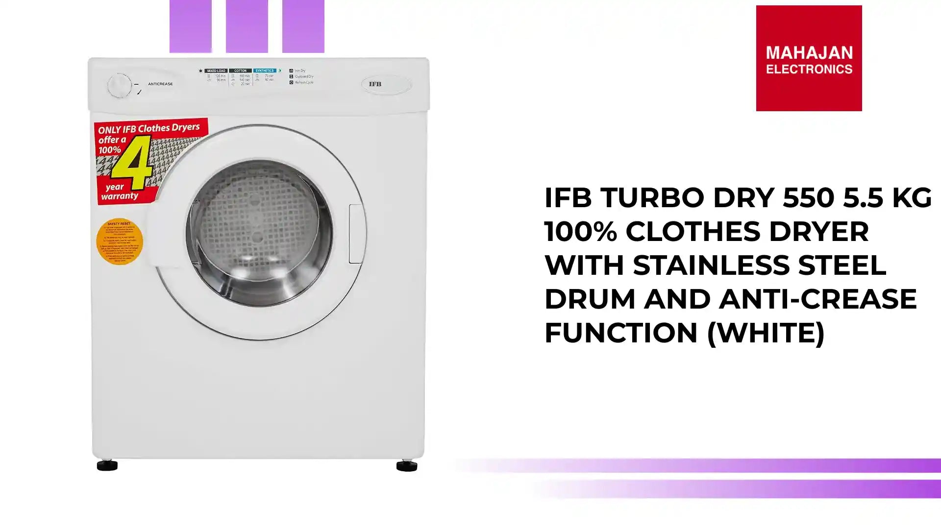 IFB Turbo Dry 550 5.5 Kg 100% Clothes Dryer with Stainless Steel Drum and Anti-Crease Function (White) by@Outfy