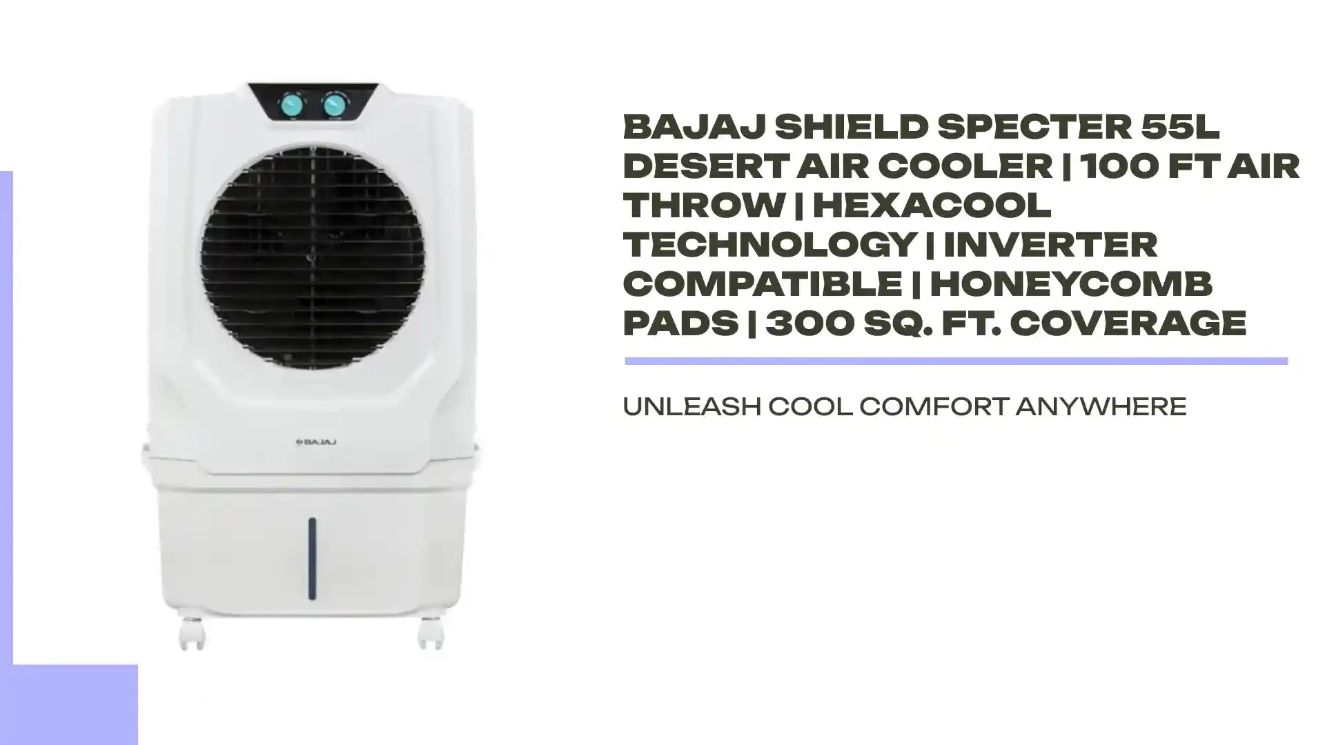 Bajaj Shield Specter 55L Desert Air Cooler | 100 Ft Air Throw | Hexacool Technology | Inverter Compatible | Honeycomb Pads | 300 Sq. Ft. Coverage by@Outfy