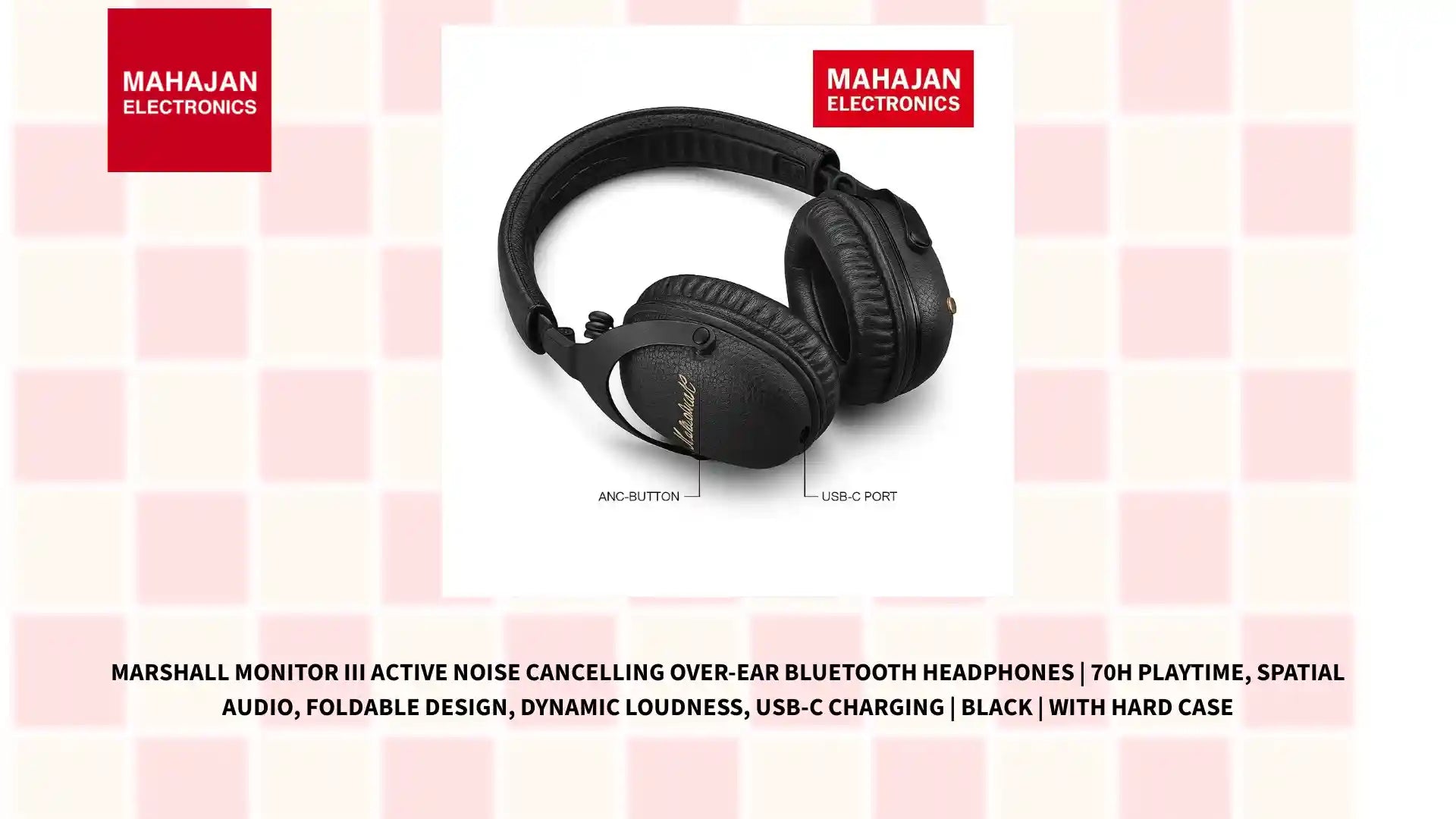 Marshall Monitor III Active Noise Cancelling Over-Ear Bluetooth Headphones | 70H Playtime, Spatial Audio, Foldable Design, Dynamic Loudness, USB-C Charging | Black | With Hard Case by@Outfy