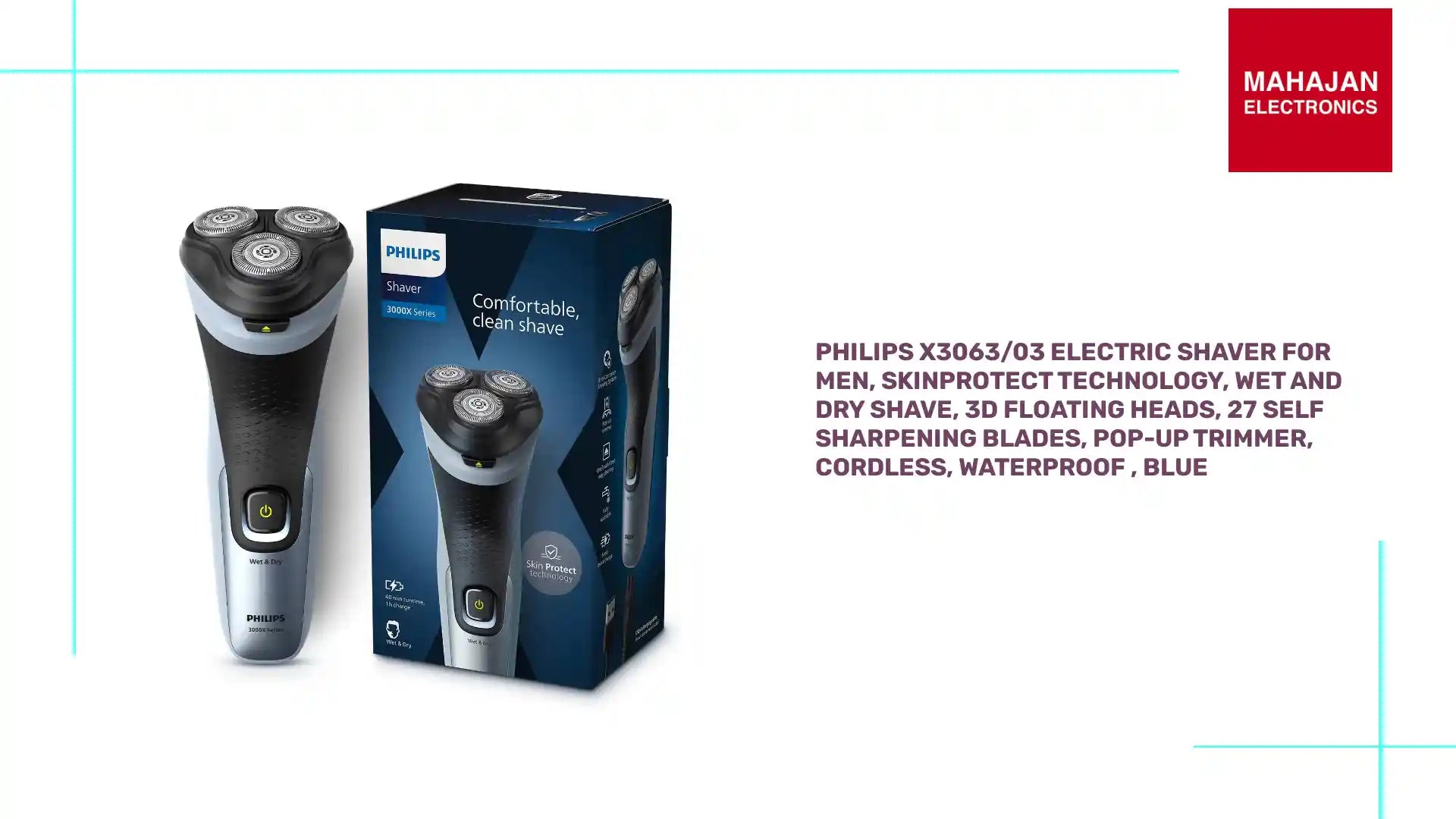 Philips X3063/03 Electric Shaver for Men | SkinProtect Technology | Wet & Dry Shaving | 27 Self-Sharpening Blades | Pop-Up Trimmer | Cordless Waterproof Shaver by@Outfy