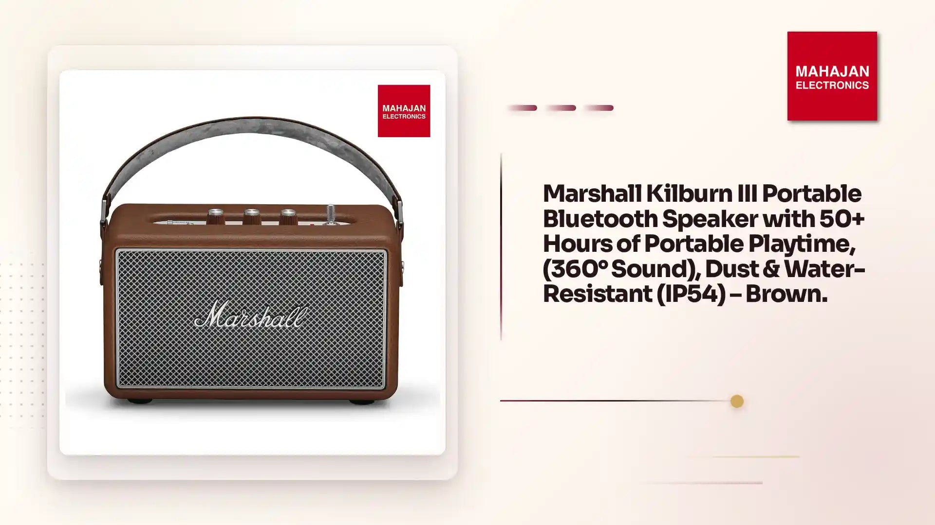 Marshall Kilburn III Portable Bluetooth Speaker with 50+ Hours of Portable Playtime, (360° Sound), Dust & Water-Resistant (IP54) – Brown. by@Outfy