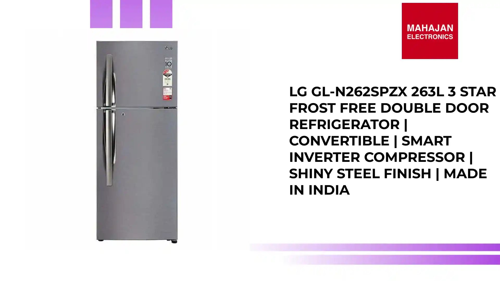 LG GL-N262SPZX 263L 3 Star Frost Free Double Door Refrigerator | Convertible | Smart Inverter Compressor | Shiny Steel Finish | Made in India by@Outfy