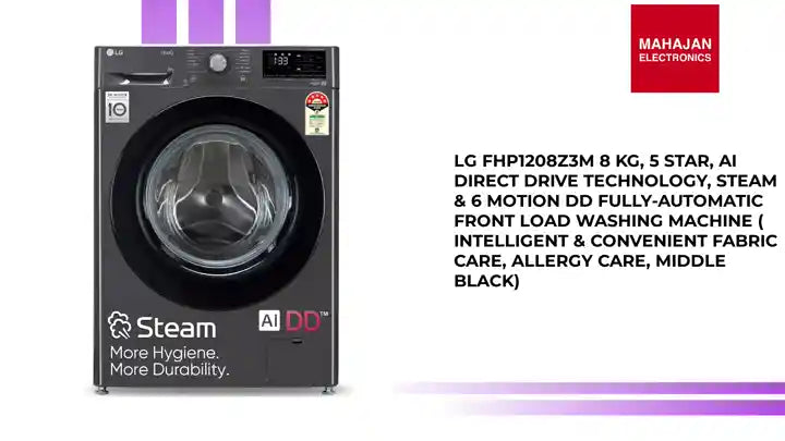 LG FHP1208Z3M 8 Kg, 5 Star, AI Direct Drive Technology, Steam & 6 Motion DD Fully-Automatic Front Load Washing Machine ( Intelligent & Convenient Fabric Care, Allergy Care, Middle Black) by@Outfy