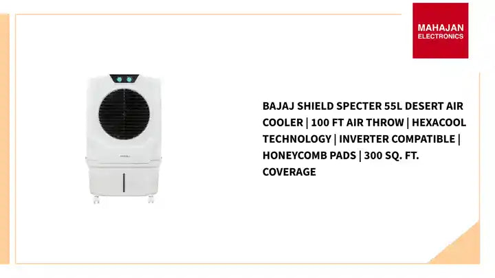 Bajaj Shield Specter 55L Desert Air Cooler | 100 Ft Air Throw | Hexacool Technology | Inverter Compatible | Honeycomb Pads | 300 Sq. Ft. Coverage by@Outfy