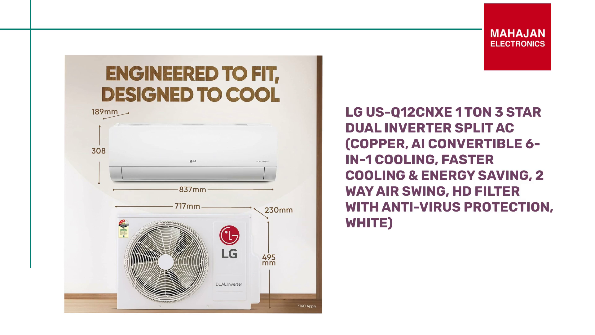 LG US-Q12CNXE 1 Ton 3 Star DUAL Inverter Split AC (Copper, AI Convertible 6-in-1 Cooling, Faster Cooling & Energy Saving, 2 Way Air Swing, HD Filter with Anti-Virus Protection, White) by@Outfy