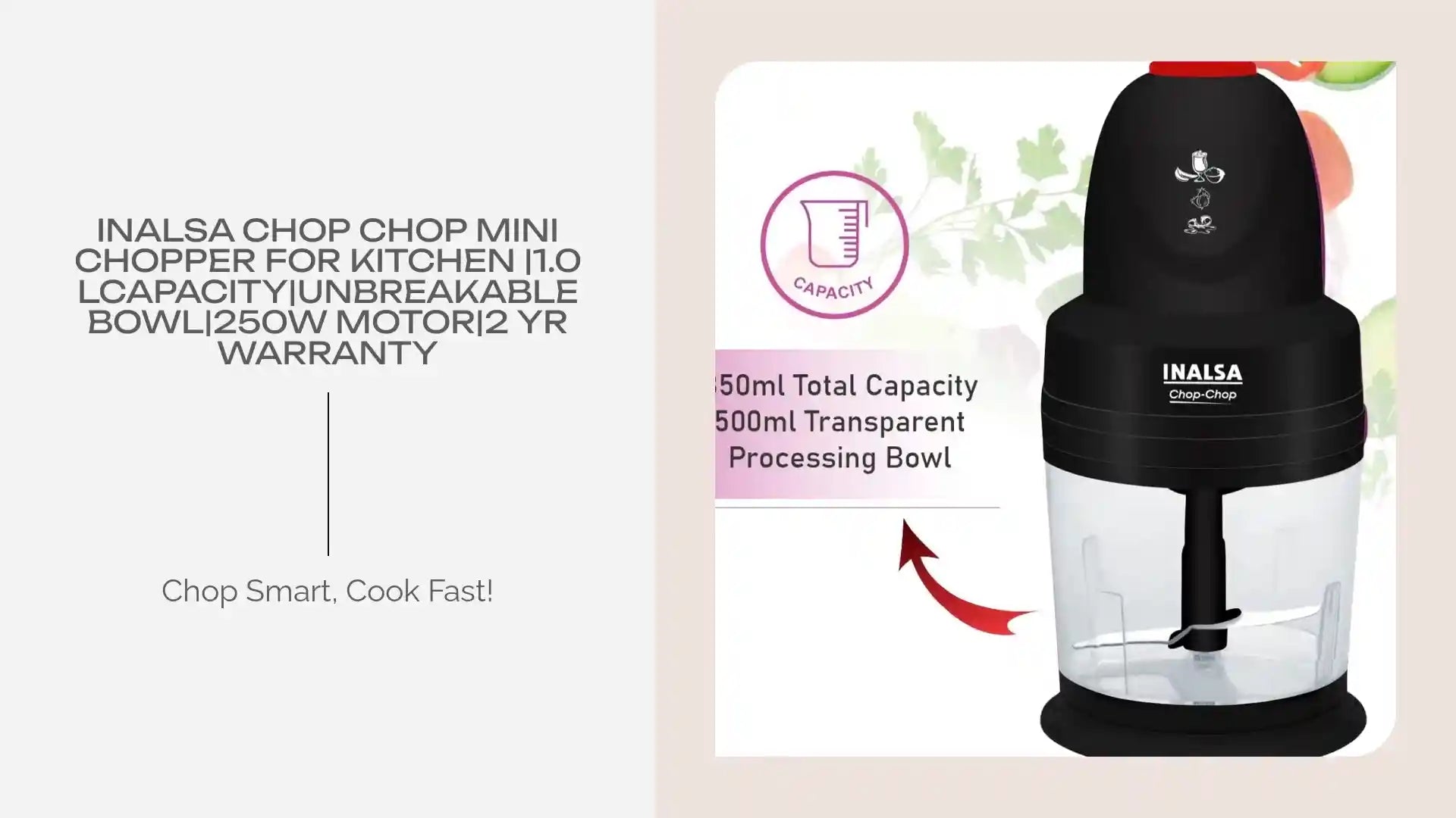 INALSA Chop Chop Mini Chopper for Kitchen |1.0 LCapacity|Unbreakable Bowl|250W Motor|2 Yr Warranty by@Outfy