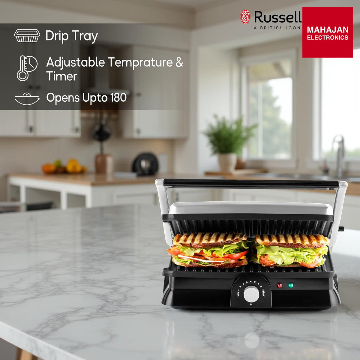 Russell Hobbs RST2004CG GrillMaster 2000 W 4 Slice Sandwich Maker & Grill with 180-Degree Flat Open & Drip Tray (Black) β Mahajan Electronics Online.