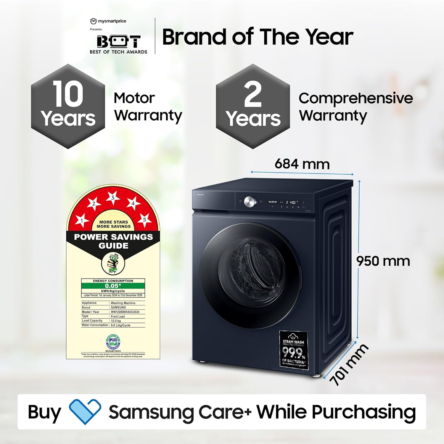 Samsung WW12DB8B54GSTL 12 kg, 5 Star, AI Control, Super Speed, Wi-Fi, Hygiene Steam with Inbuilt Heater, Digital Inverter, Fully-Automatic Front Load Washing Machine ( Navy)-Online Mahajan Electronics