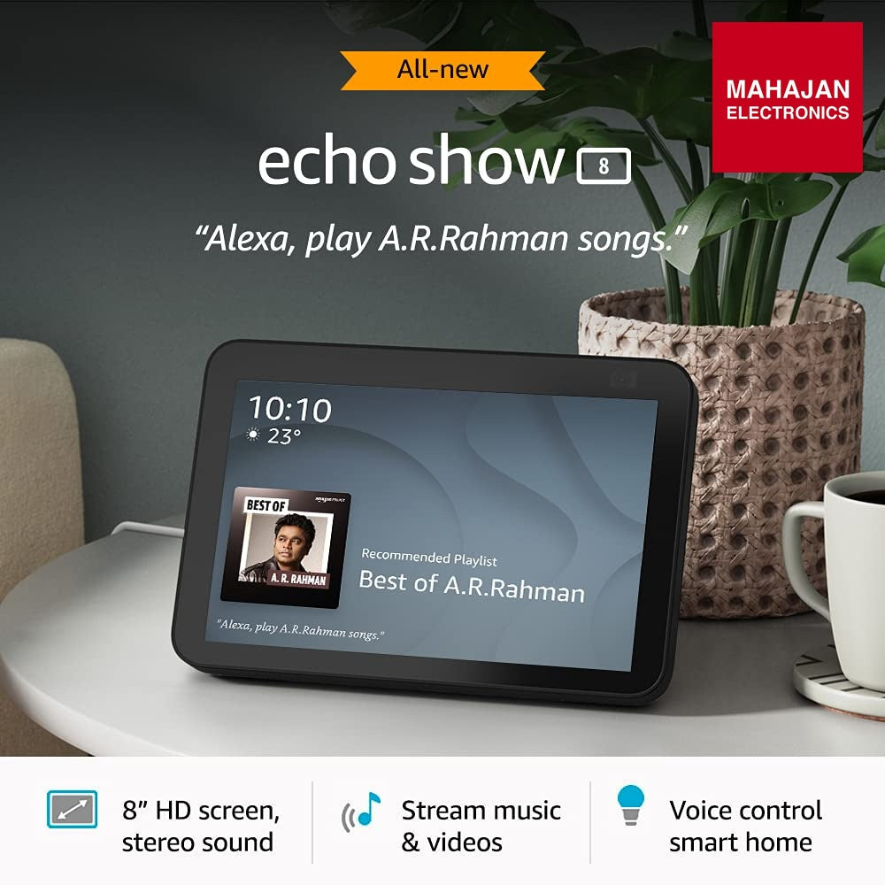 All New Echo Show 8 (2nd Gen) – 8” HD Smart Display with Alexa, 13MP Auto-Framing Camera, Stereo Sound & Smart Home Control (Black) | Mahajan Electronics Delhi NCR Amazon