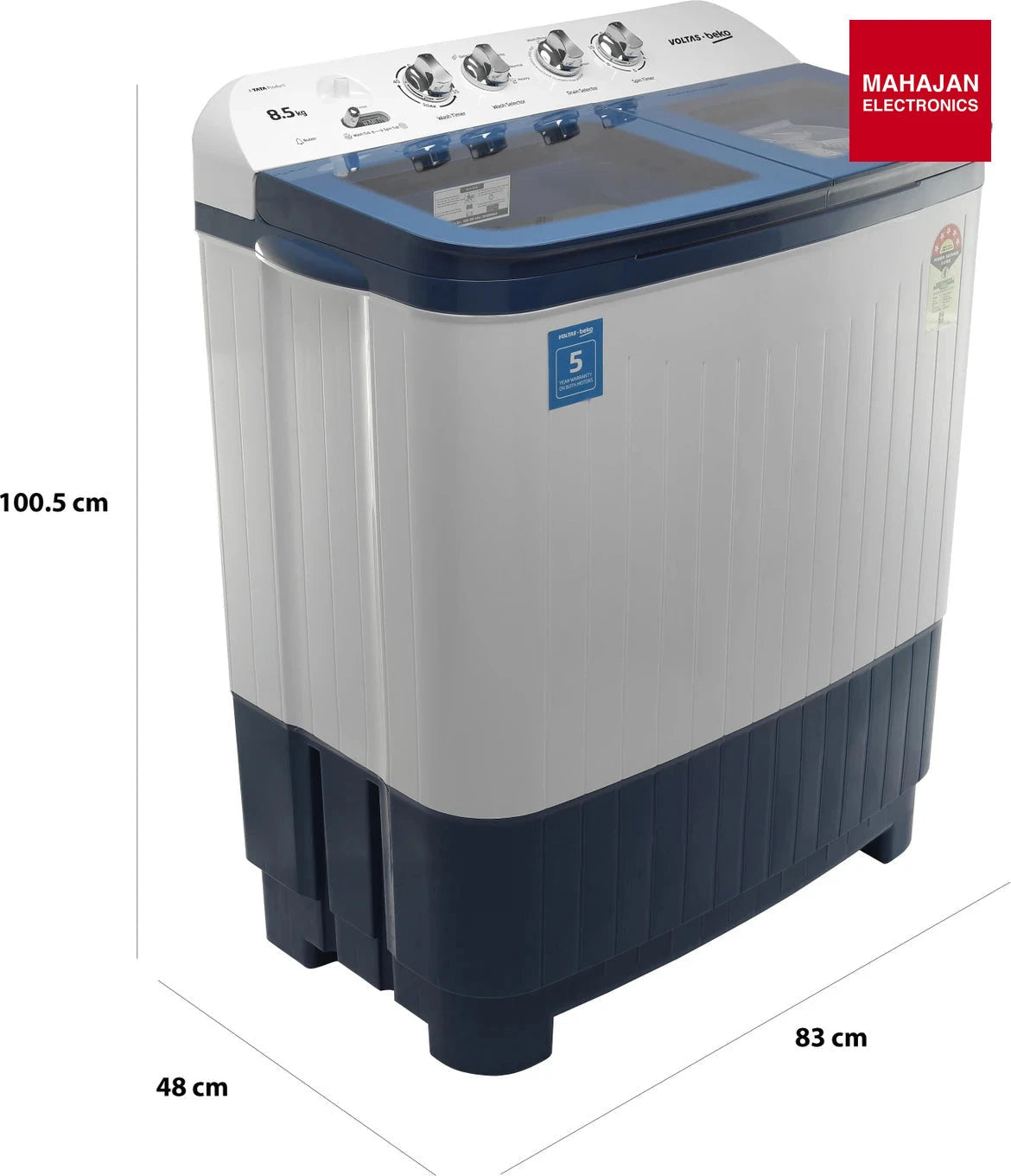 Voltas Beko WTT85DBLG 8.5 Kg 5 Star Semi Automatic Top Load Washing Machine – Blue – Mahajan Electronics Online.
