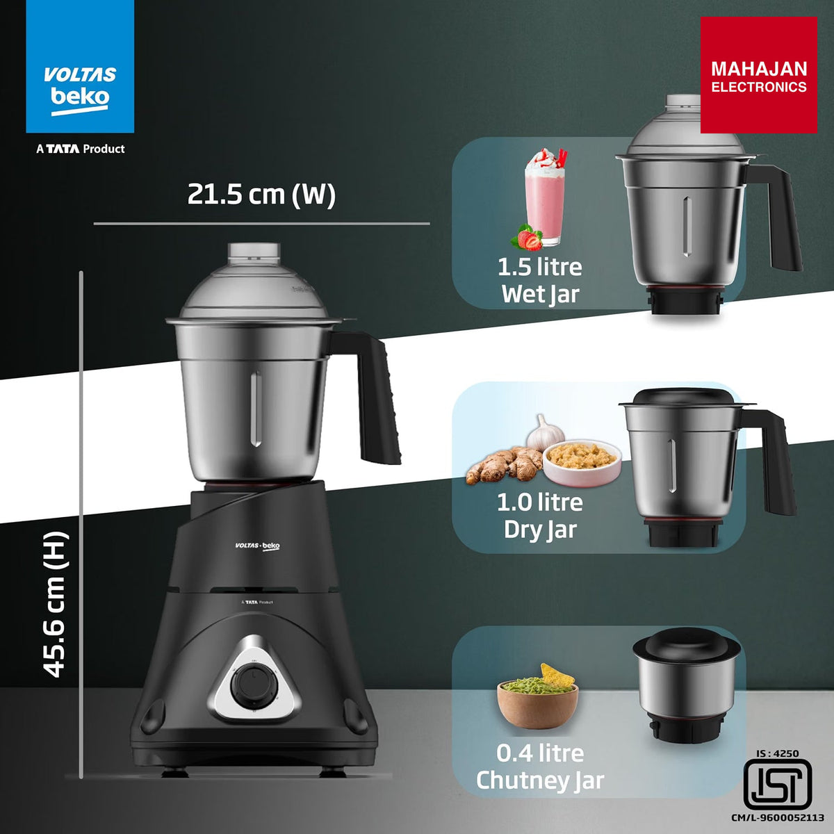 Voltas Beko G7503HP-BL 750 W Mixer Grinder with GrindX Technology & 3 Stainless Steel Jars (Black) – Mahajan Electronics Online.