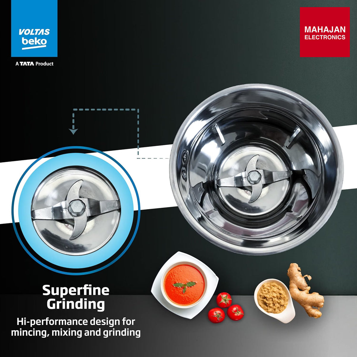 Voltas Beko G7503HP-BL 750 W Mixer Grinder with GrindX Technology & 3 Stainless Steel Jars (Black) – Mahajan Electronics Online.