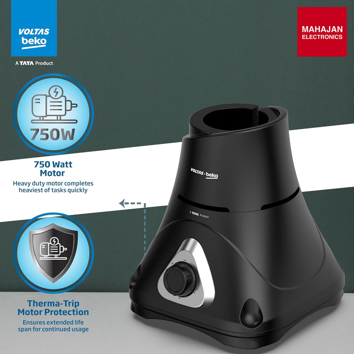 Voltas Beko G7503HP-BL 750 W Mixer Grinder with GrindX Technology & 3 Stainless Steel Jars (Black) – Mahajan Electronics Online.