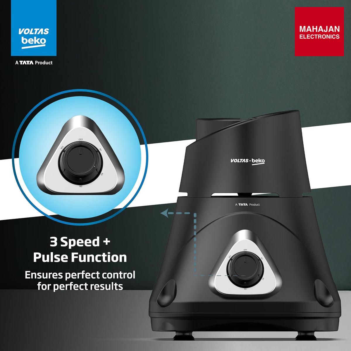 Voltas Beko G7503HP-BL 750 W Mixer Grinder with GrindX Technology & 3 Stainless Steel Jars (Black) – Mahajan Electronics Online.