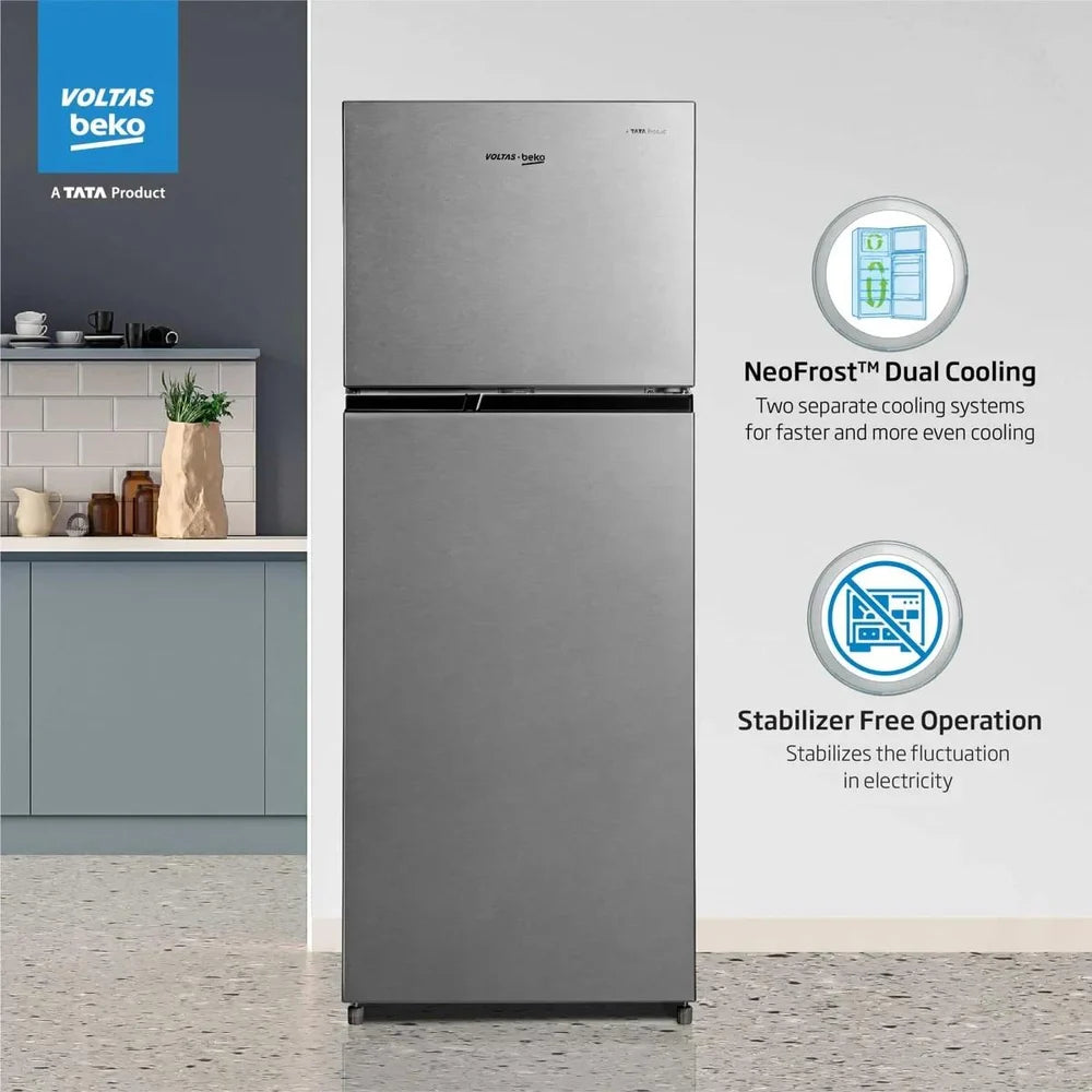 Voltas Beko RFF270C/WPXIR0I0000GD 230L 3 Star Frost Free Double Door Refrigerator | Inverter Compressor, NeoFrost Dual Cooling, StoreFresh+ Crisper – Brushed Silver | 2026 Model mahajan electronics online