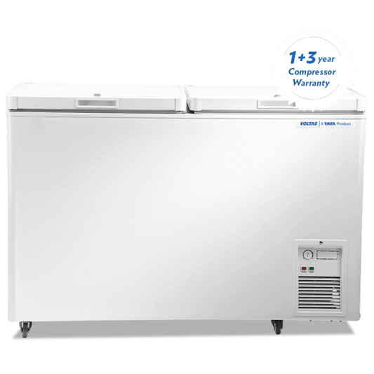 Voltas Hard Top Deep Freezer Hard top deep freezer with energy efficient compressor and corrosion resistant durable body 405ddp(405LT.) - Mahajan Electronics Online