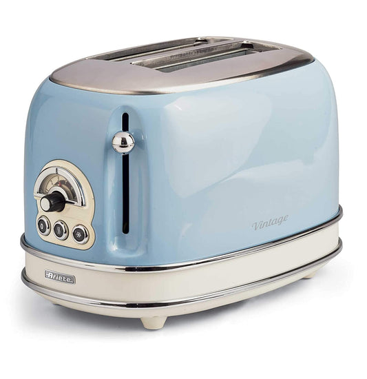 Ariete 155 Vintage 2 Slice Toaster, 810 watts, 6 toasting levels, in pastel light blue painted stainless steel - Mahajan Electronics Online