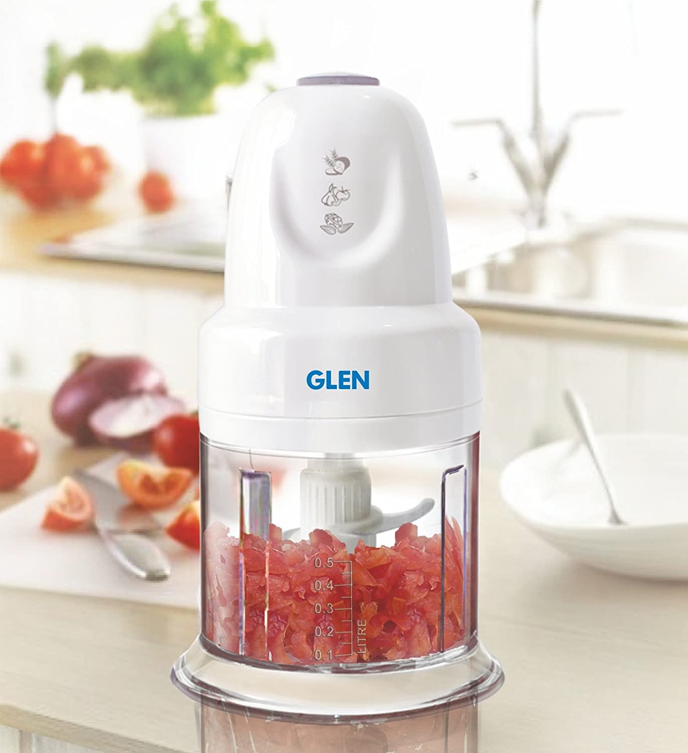 Glen SA4043 TURBO 200W Mini Vegetable Chopper with Twin Stainless Steel Blades, Whisker Disc & 500ml Bowl – White | ISI Certified | 2 Year Warranty