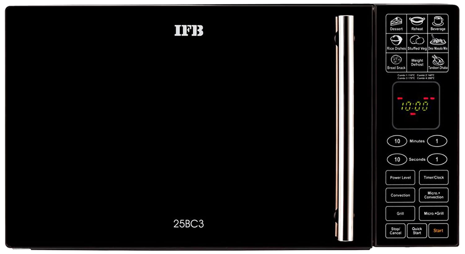 IFB 25BC3 25 Litre Convection Microwave Oven | 50 Auto Cook Menus | Stainless Steel Cavity | Multi-Stage Cooking | Child Safety Lock | Black