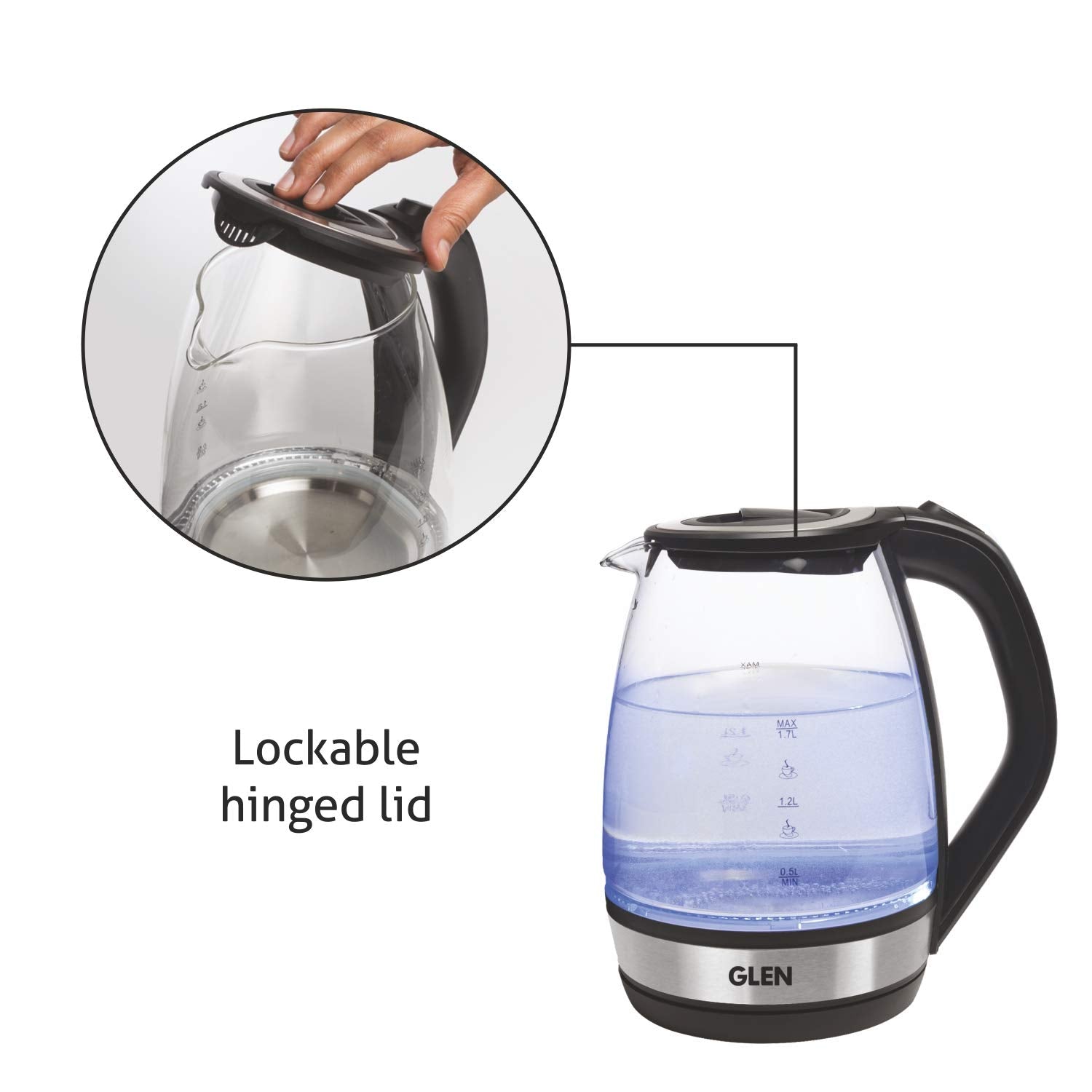 Glen Electric Glass Kettle 9012 | 1.8L Transparent Glass | 2000W Fast Boil | Blue LED Light | Mahajan Electronics Delhi NCR