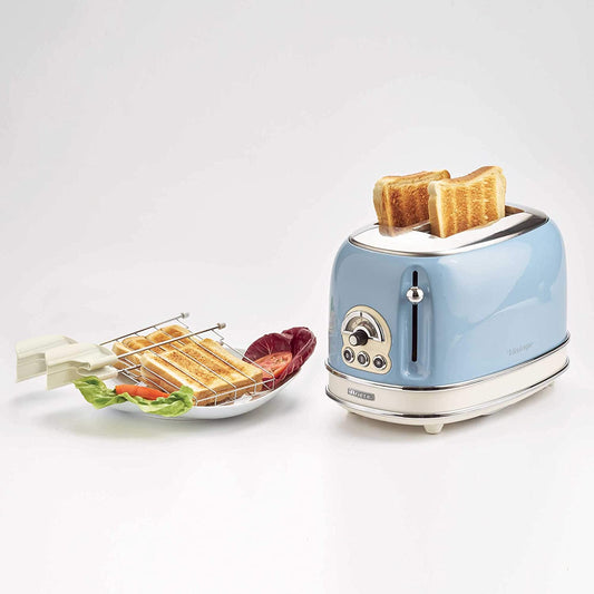 Ariete 155 Vintage 2 Slice Toaster, 810 watts, 6 toasting levels, in pastel light blue painted stainless steel - Mahajan Electronics Online
