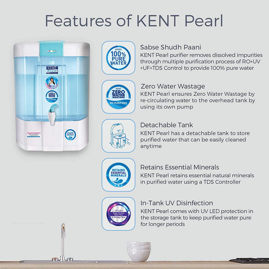KENT Pearl 8-Litres Mineral RO + UV/UF + TDS Water Purifier,Blue and White - Mahajan Electronics Online