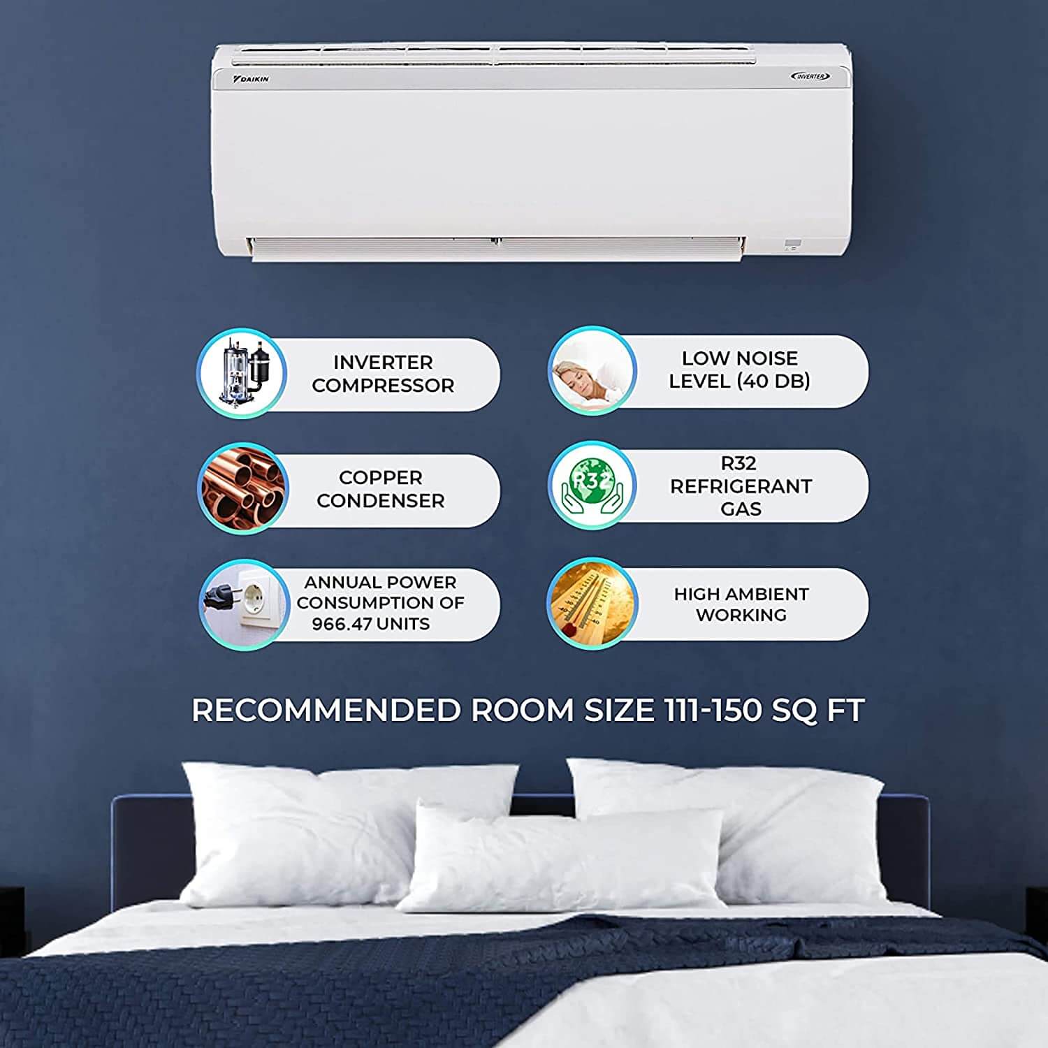 Daikin ATKL50UV16 1.5 Ton 3 Star Inverter Split AC (White) with Copper Condenser, 3D Coanda Air Flow, Titanium Apatite Filter