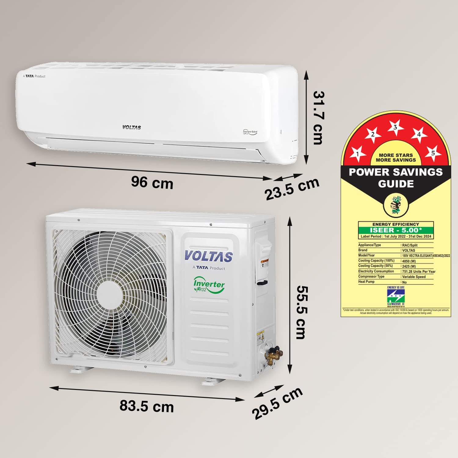 Voltas 185V Vectra Elegant Inverter 1.5 Ton 5 Star  Split Ac