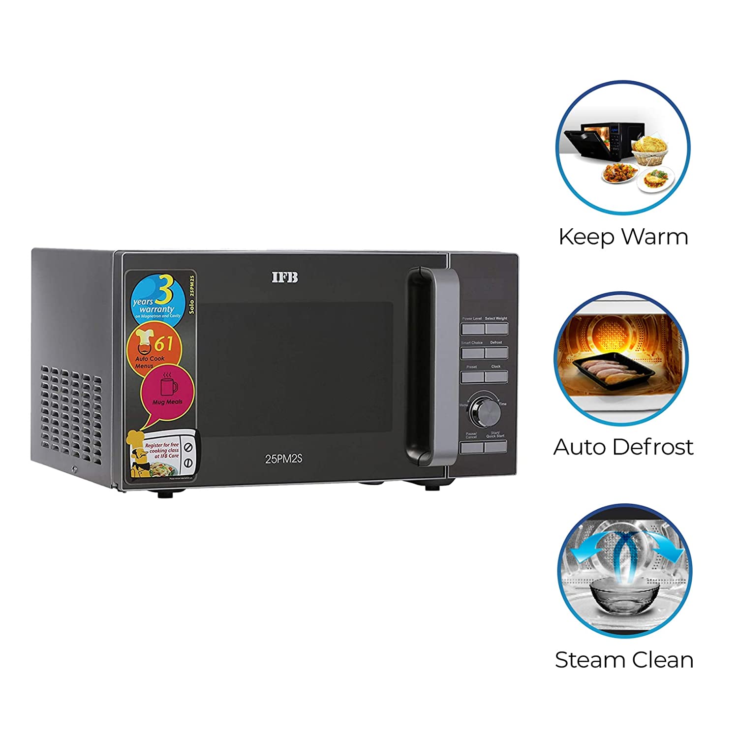 IFB 25PM2S 25L Solo Microwave Oven | 61 Auto Cook Menus | Steam Clean | Disinfect | Silver IFB
