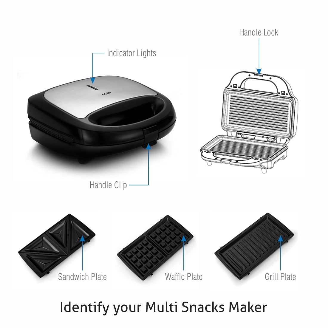 Glen Multi Snack Maker 3022 with Interchangeable Plates 750W ( SA-3022MSM ) GLEN