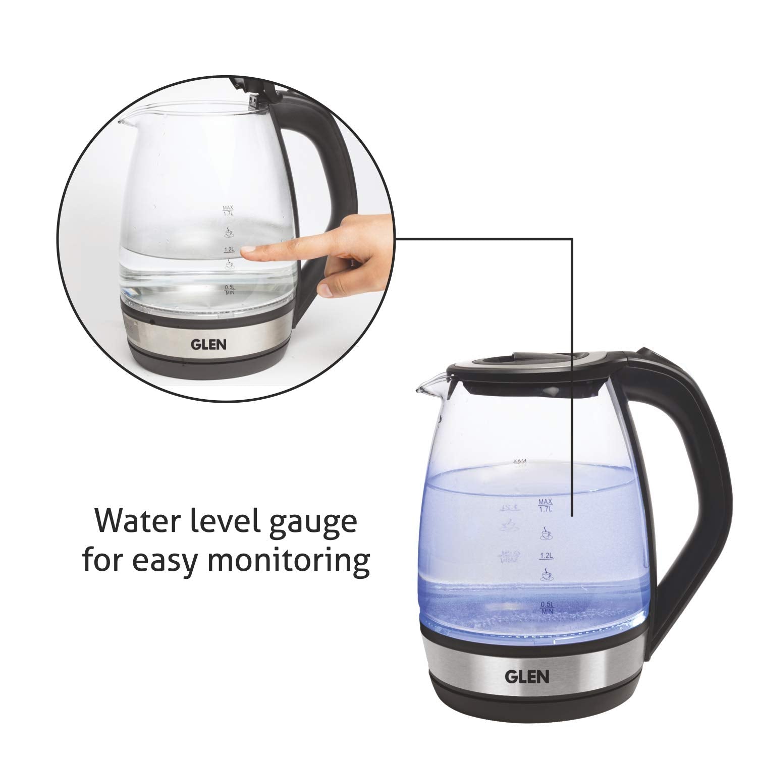 Glen Electric Glass Kettle 9012 | 1.8L Transparent Glass | 2000W Fast Boil | Blue LED Light | Mahajan Electronics Delhi NCR