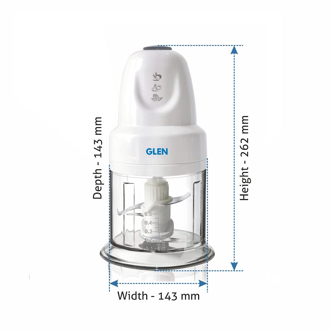 Glen SA4043 TURBO 200W Mini Vegetable Chopper with Twin Stainless Steel Blades, Whisker Disc & 500ml Bowl – White | ISI Certified | 2 Year Warranty