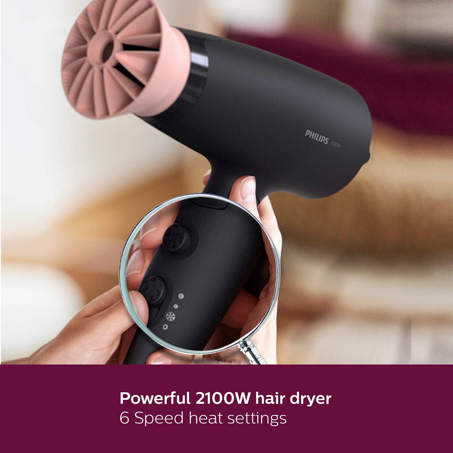 Philips Professional Hair Dryer BHD356/10 2100 Watts Thermoprotect Air Flower Advanced Ionic Care 6 Heat & Speed Settings-Black Philips