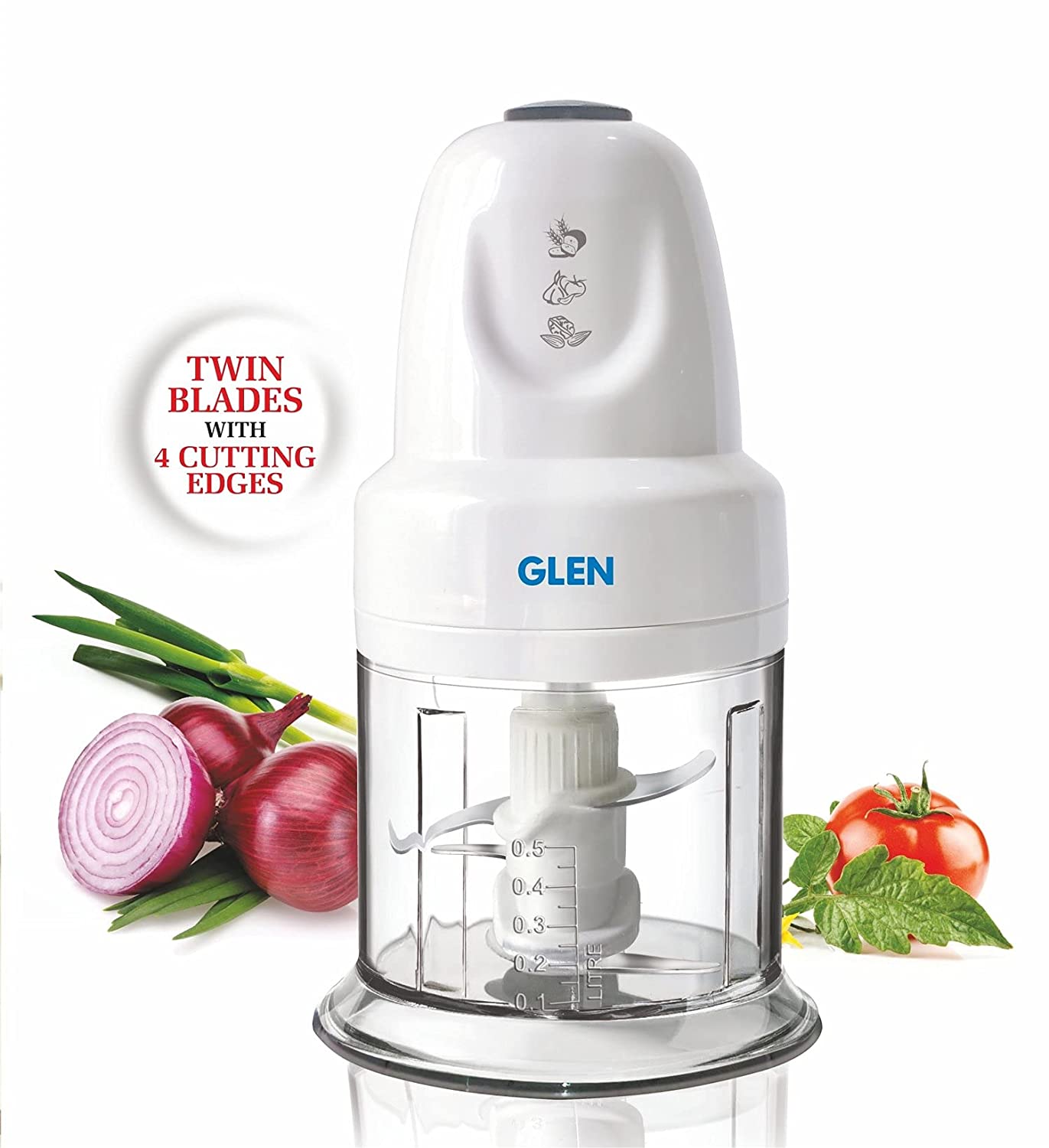 Glen SA4043 TURBO 200W Mini Vegetable Chopper with Twin Stainless Steel Blades, Whisker Disc & 500ml Bowl – White | ISI Certified | 2 Year Warranty