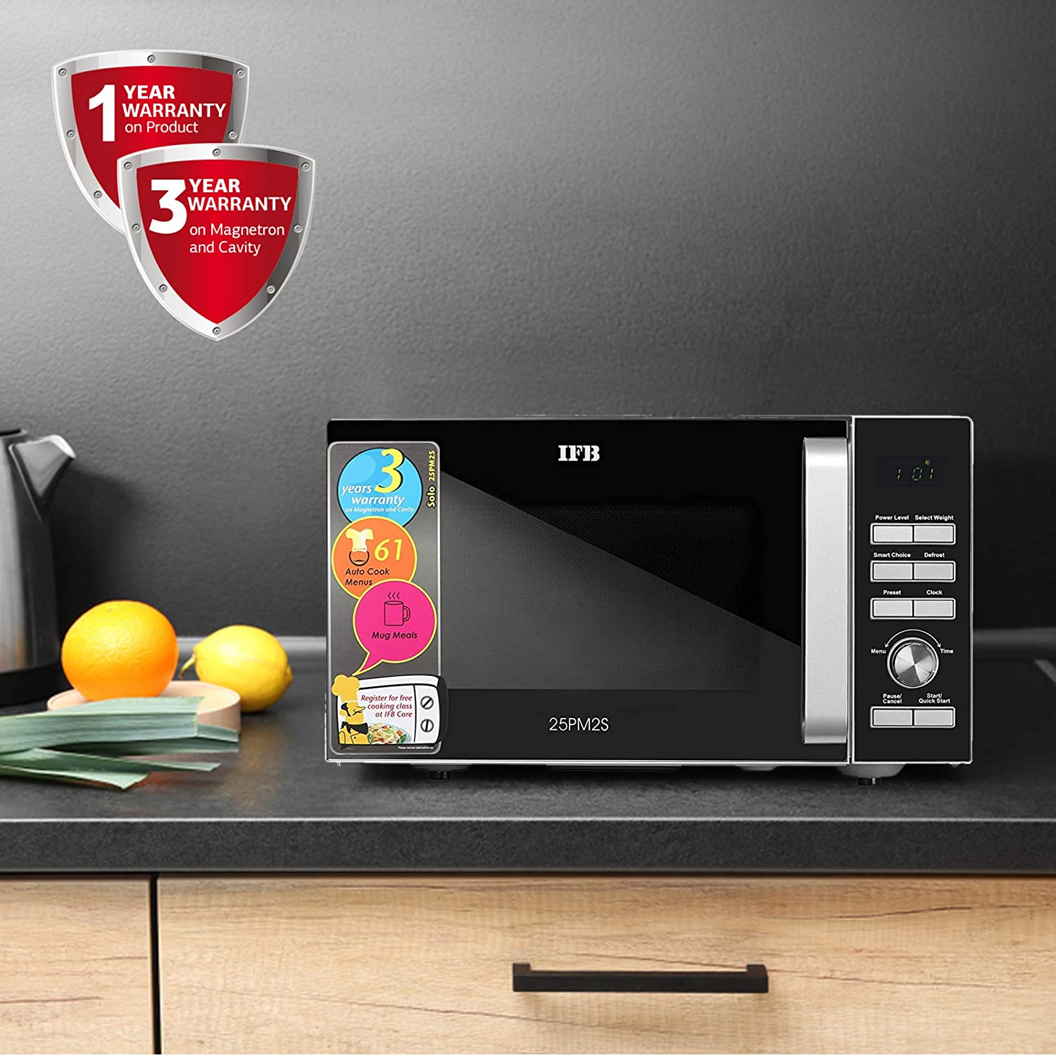 IFB 25PM2S 25L Solo Microwave Oven | 61 Auto Cook Menus | Steam Clean | Disinfect | Silver IFB