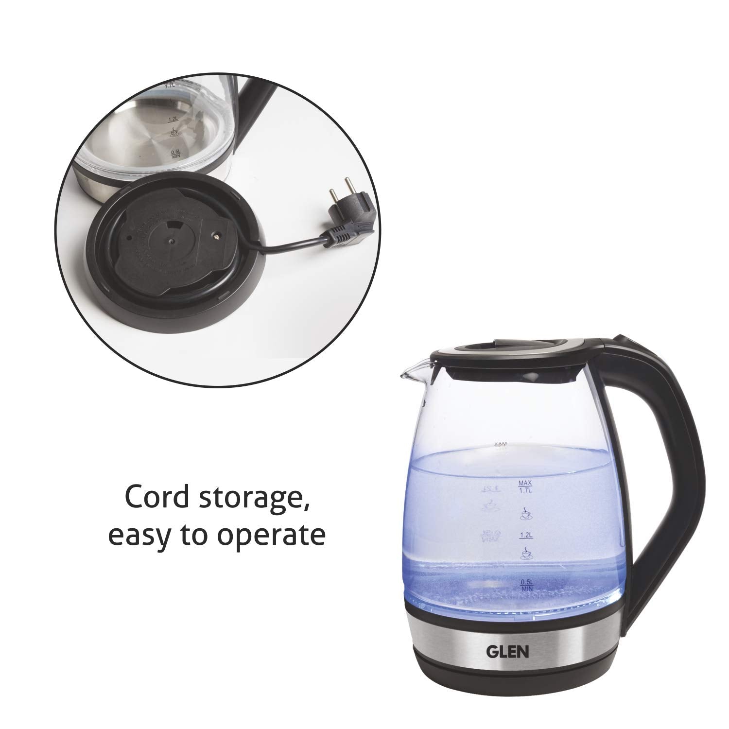 Glen Electric Glass Kettle 9012 | 1.8L Transparent Glass | 2000W Fast Boil | Blue LED Light | Mahajan Electronics Delhi NCR