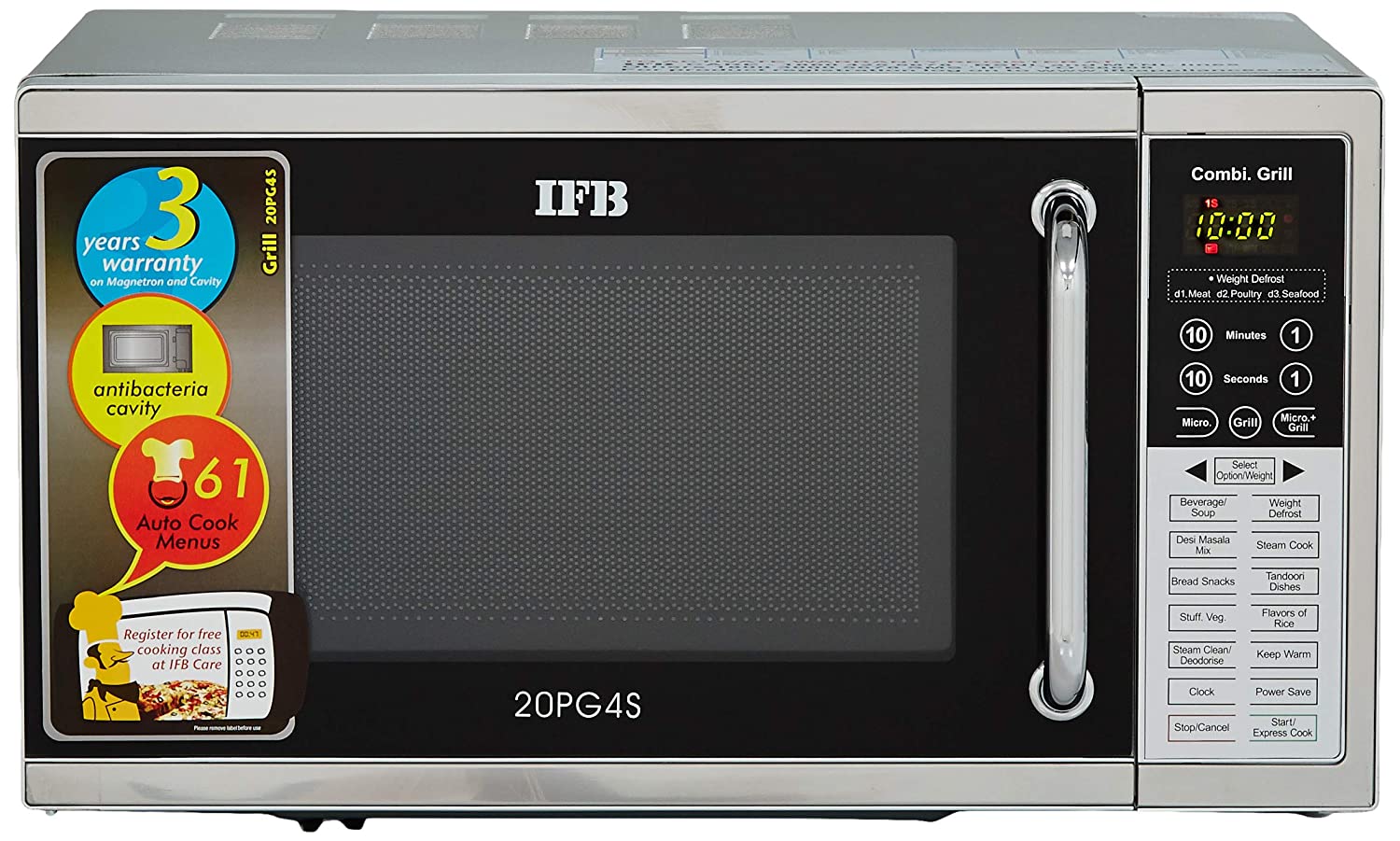 IFB 20PG4S 20 L Grill Microwave Oven (Black/Silver) – 61 Auto-Cook Menus, Steam Clean, Express Cooking, Touch Control Panel