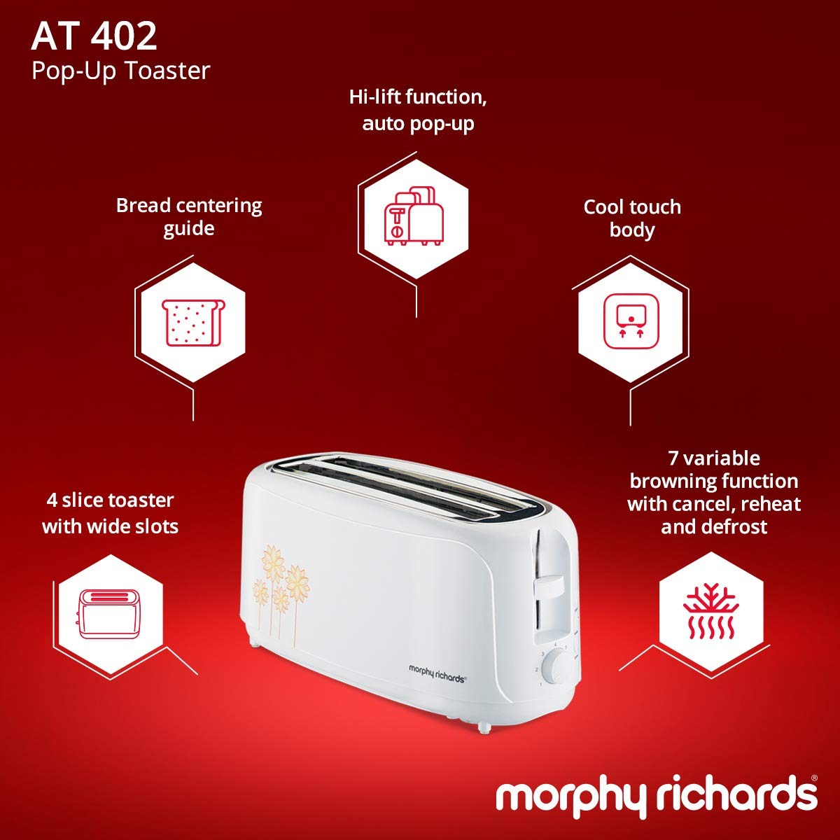 Morphy Richards AT 402 4 Slice Pop-Up Toaster | 1450W | Wide Slots | Variable Browning | Cool Touch Body | White | 2 Year Warranty