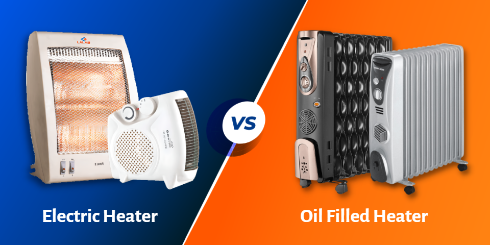 Electric heater vs oil-filled heater: a halogen heater and a fan heater on the left, two oil-filled radiators on the right