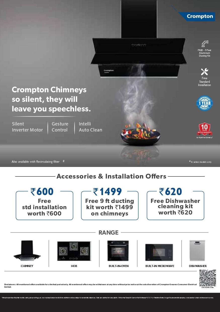 Crompton CHD-SSC60BFX-MBL Senso Smart Curved 60Cm 1416 M3/hr Wall Mounted Chimney Mahajan Electronics Online