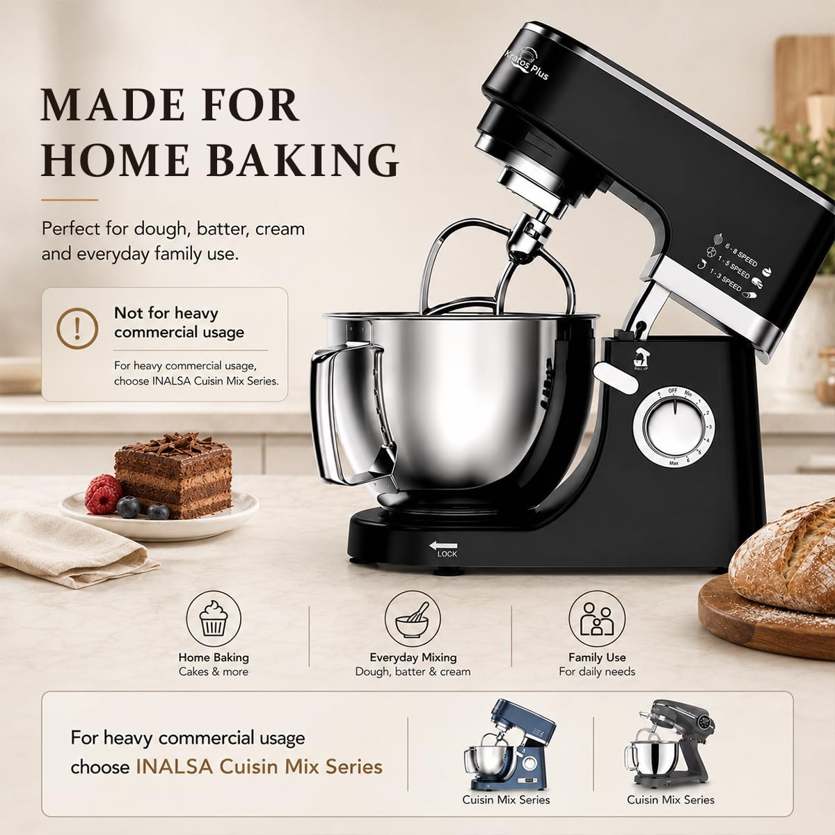 INALSA Stand Mixer 1200W|Pure Copper Motor|5.3L SS Bowl With Splash Guard|Metal Gears for Extra – Mahajan Electronics Online.